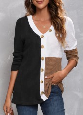 Decorative Button V Neck Black T Shirt