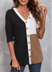 Decorative Button V Neck Black T Shirt