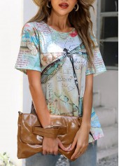 Green Dragonfly Print Short Sleeve T Shirt