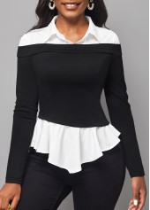 Long Sleeve Faux Two Piece Black Blouse