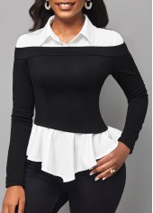 Long Sleeve Faux Two Piece Black Blouse