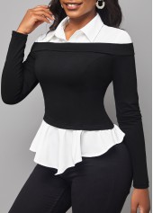 Long Sleeve Faux Two Piece Black Blouse