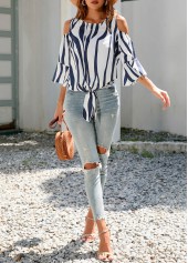 Cold Shoulder 3/4 Sleeve Tie Front T Shirt