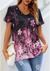 Pink Floral Print V Neck T Shirt
