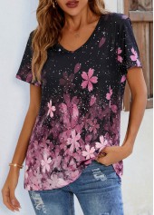 Pink Floral Print V Neck T Shirt