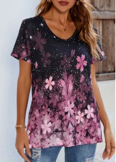 Pink Floral Print V Neck T Shirt