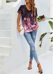 Pink Floral Print V Neck T Shirt