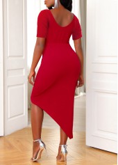 Asymmetric Hem Short Sleeve Wine Red Dress
