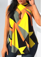Geometric Print Yellow Cross Halter Tank Top