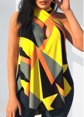 Geometric Print Yellow Cross Halter Tank Top