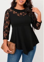 Asymmetry Black 3/4 Sleeve Round Neck Blouse