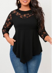 Asymmetry Black 3/4 Sleeve Round Neck Blouse