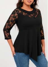 Asymmetry Black 3/4 Sleeve Round Neck Blouse