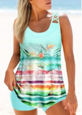 Light Green Tropical Print Cross Strap Tankini Set