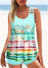 Light Green Tropical Print Cross Strap Tankini Set