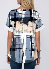 Geometric Print Contrast Binding Multi Color Short Sleeve Blouse