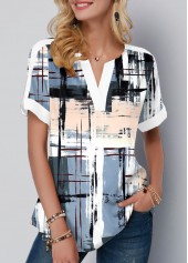 Geometric Print Contrast Binding Multi Color Short Sleeve Blouse