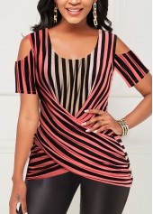 Cold Shoulder Striped Crossover Hem T Shirt