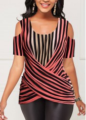 Cold Shoulder Striped Crossover Hem T Shirt