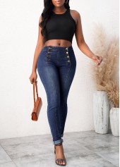 Mid Waist Denim Blue Skinny Jeans