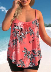 Leaf Print Bowknot Coral Red Tankini Top-No Bottom