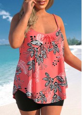 Leaf Print Bowknot Coral Red Tankini Top-No Bottom