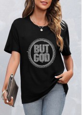 Hot Stamping Letter Round Neck Black T Shirt