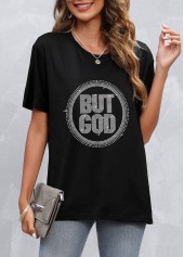 Hot Stamping Letter Round Neck Black T Shirt