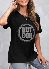 Hot Stamping Letter Round Neck Black T Shirt