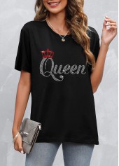 Black Hot Stamping Letter Round Neck T Shirt