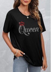 Black Hot Stamping Letter Round Neck T Shirt