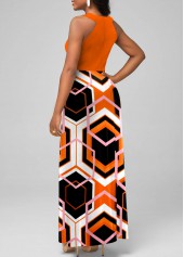Geometric Print Halter Orange Maxi Dress