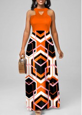 Geometric Print Halter Orange Maxi Dress