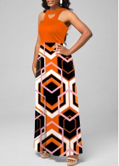 Geometric Print Halter Orange Maxi Dress