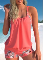 Plant Print Coral Red Cutout Blouson Tankini Set