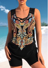 Paisley Print Black Lace Stitching Tankini Top-No Bottom