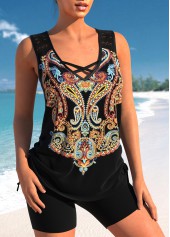 Paisley Print Black Lace Stitching Tankini Top-No Bottom