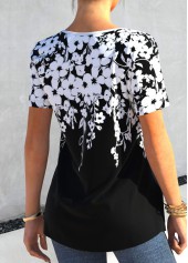 Black Floral Print Quarter Button T Shirt