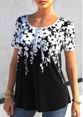 Black Floral Print Quarter Button T Shirt