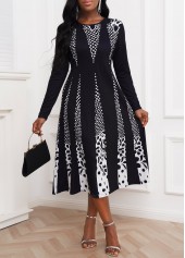 White Contrast Long Sleeve Polka Dot Dress