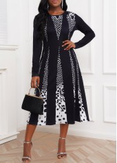White Contrast Long Sleeve Polka Dot Dress