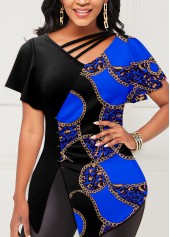Royal Blue Chain Print Asymmetric Neck T Shirt