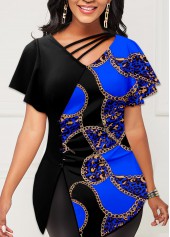 Royal Blue Chain Print Asymmetric Neck T Shirt