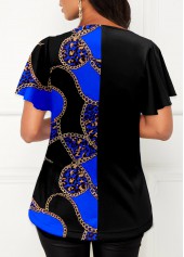 Royal Blue Chain Print Asymmetric Neck T Shirt