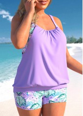 Light Purple Plus Size Floral Print Tankini Set