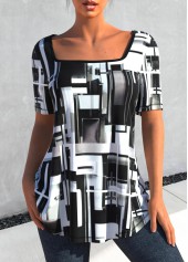 Square Collar Geometric Print Black T Shirt