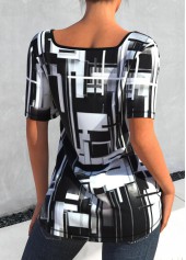 Square Collar Geometric Print Black T Shirt