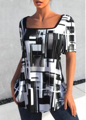 Square Collar Geometric Print Black T Shirt
