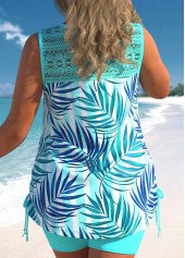 Cyan Tropical Print Lace Stitching Tankini Set