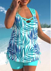 Cyan Tropical Print Lace Stitching Tankini Set